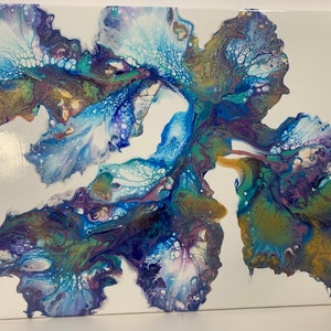 May include: Abstract painting on canvas with blue, green, purple, and gold paint. The paint has been swirled and layered to create a unique design.