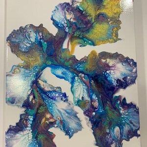 May include: Abstract painting on canvas with swirling blue, green, purple, and gold paint. The colors create a flowing, organic design.