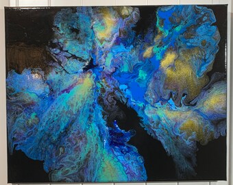 DP-9  pour 16x20 acrylic fluid art on stretched canvas painted in blues and gold on a black background.