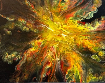 DP-39 beautiful dutch pour painting in red, orange, yellow and white acrylic paint on a black background on a 16x20 canvas.