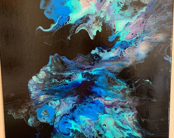 DP-14 Blue and silver Dutch pour on 16x20 canvas