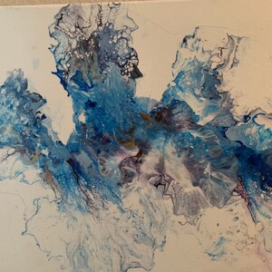 May include: Abstract painting with swirling blue, white, and gray paint. The colors blend together to create a dynamic and energetic composition.