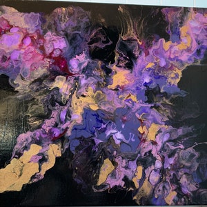 DP-4  Dutch pour in purple, blue, gold and pink on a black background. Original one of a kind painting.