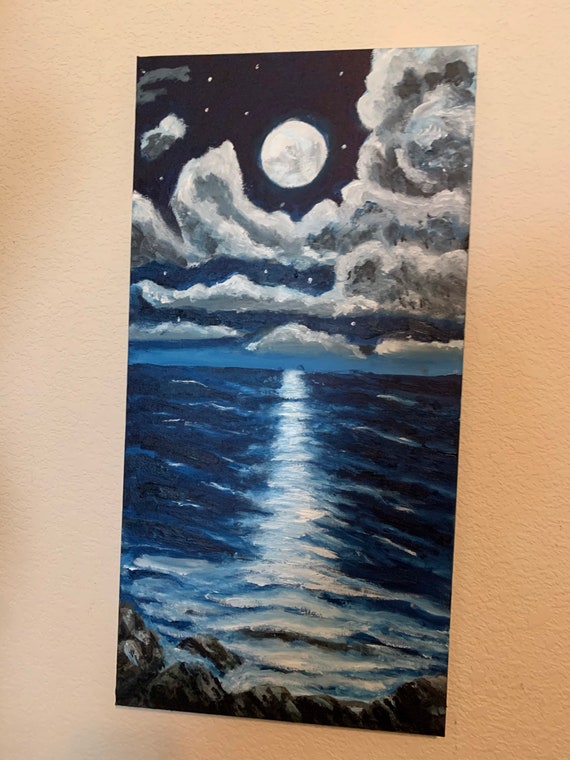 Moon Reflecting on Ocean Oil Painting on Canvas 12x24 Oil - Etsy UK