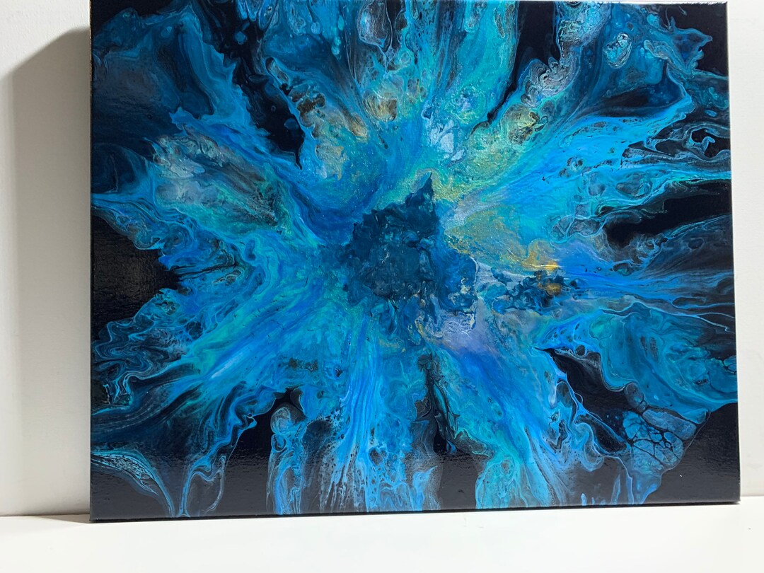 DP-48 Fluid Art Dutch Pour on a 16x20 Canvas With Blues, Silver and ...
