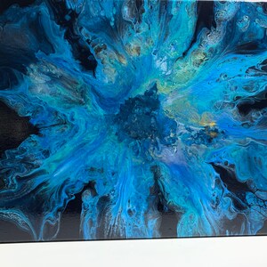 DP-48 Fluid Art Dutch Pour on a 16x20 canvas with blues, silver and gold on a black background