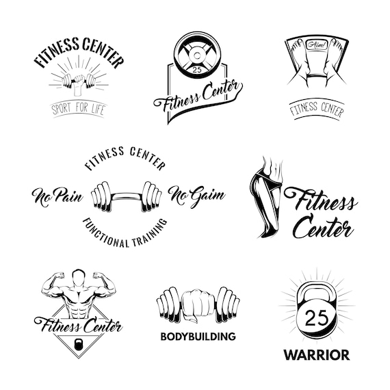 Gym Logos Set Svg Fitness Icons Kettlebell Barbell Disk Etsy