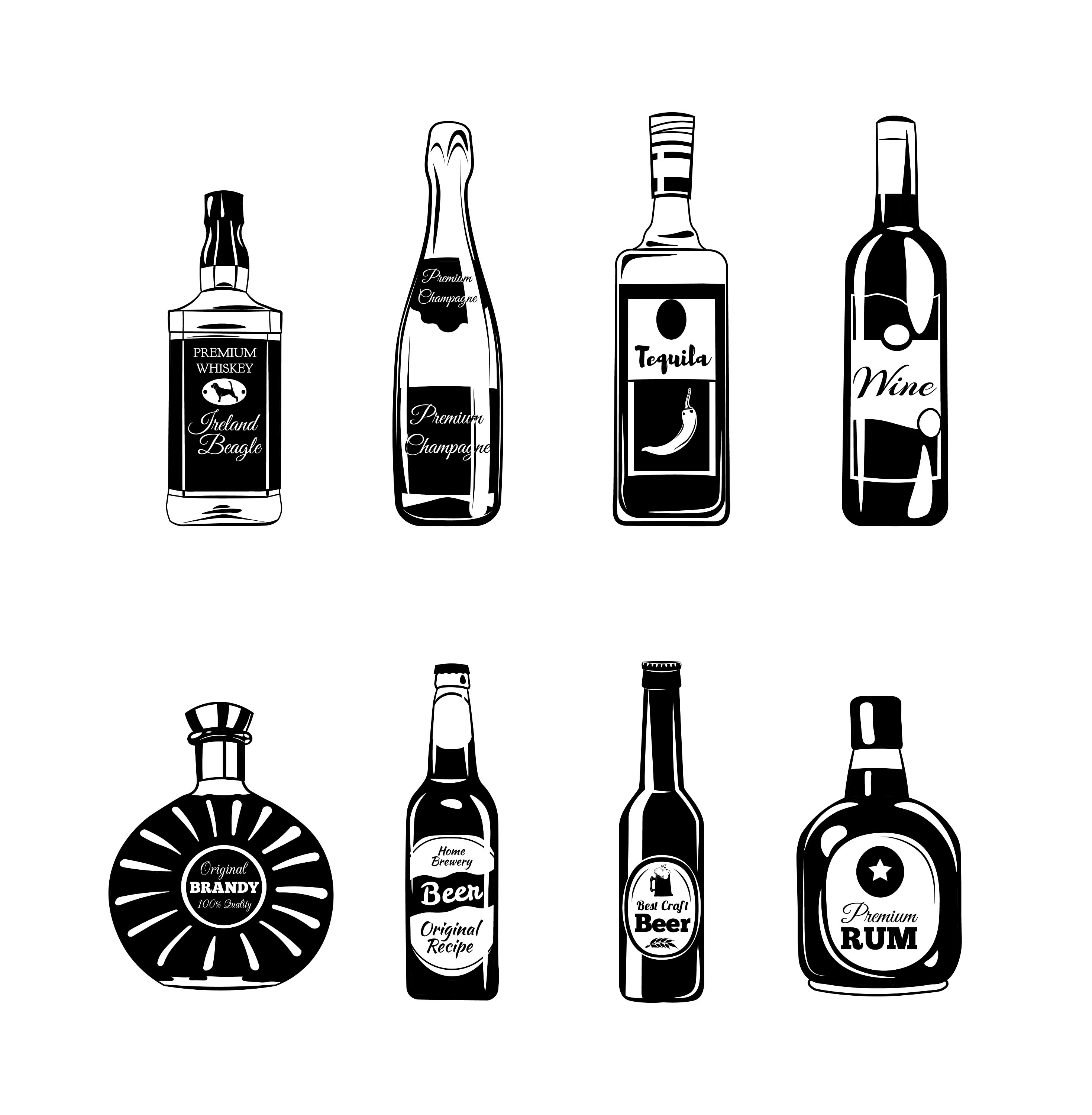 Alcohol bottles set SVG Champagne, Beer, Wine, Tequila, Rum, Whiskey Pub, b...