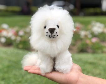 Handmade Mini Alpaca Fur Lion - White Stuffed Lion Plush