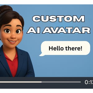 May include: A 3D animated woman in a blue blazer and red shirt, with the text "CUSTOM AI AVATAR" and a speech bubble saying "Hello there!". The background is light blue, and a video player interface is at the bottom.