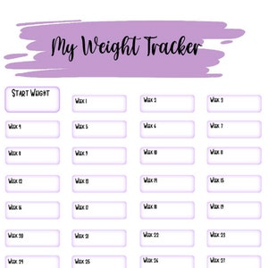 Può includere: Un grafico di tracciamento del peso stampabile con uno schema di colori viola e bianco. Il grafico ha una sezione per il peso iniziale, il tracciamento del peso settimanale e il peso obiettivo. Il grafico include anche il testo "My Weight Tracker" e "Be Focused. Be Persistent. Never Quit!"