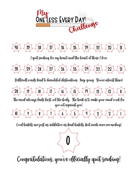 cutting down to one cigarette a day Quit Smoking Tracker, One Less A Day Method (Digital Download)