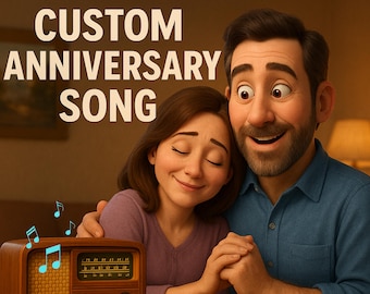 May include: An animated image shows a couple listening to a vintage radio. The text "CUSTOM ANNIVERSARY SONG" is at the top. The man is wearing a blue shirt, and the woman is wearing a purple shirt. Musical notes float above the radio.