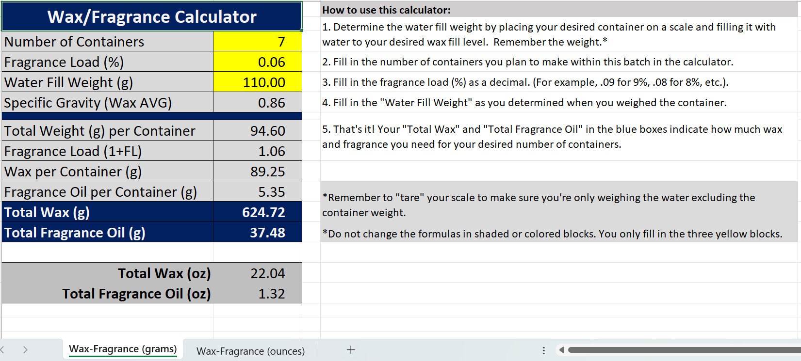 Simple Wax and Fragrance Calculator for Candlemakers Candle Spreadsheet