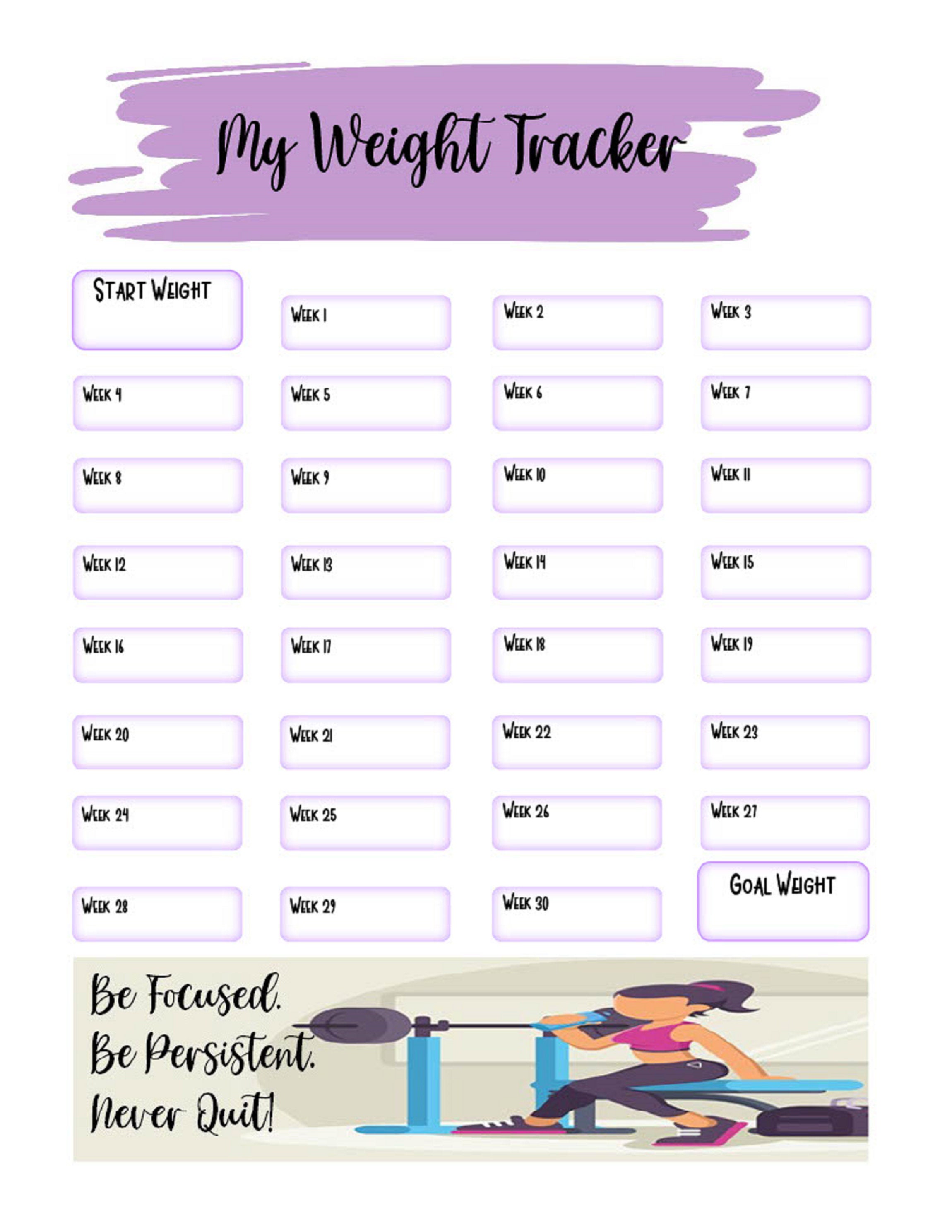 Weight Loss Tracker. Weekly Weight Loss Tracker. up to 30 Weeks. Three ...