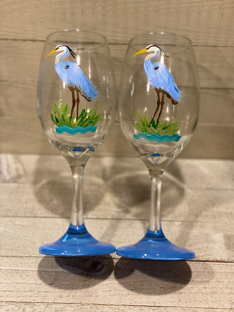 Hand Painted Bird Art With Blue Heron Wine Glass 1 Etsy