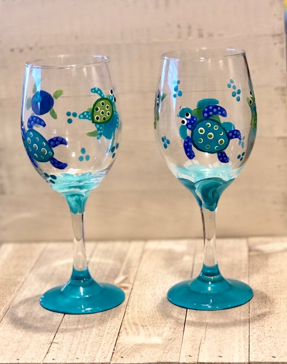 Hand Painted Sea Turtle Swimming wine glass underwater sea turtle