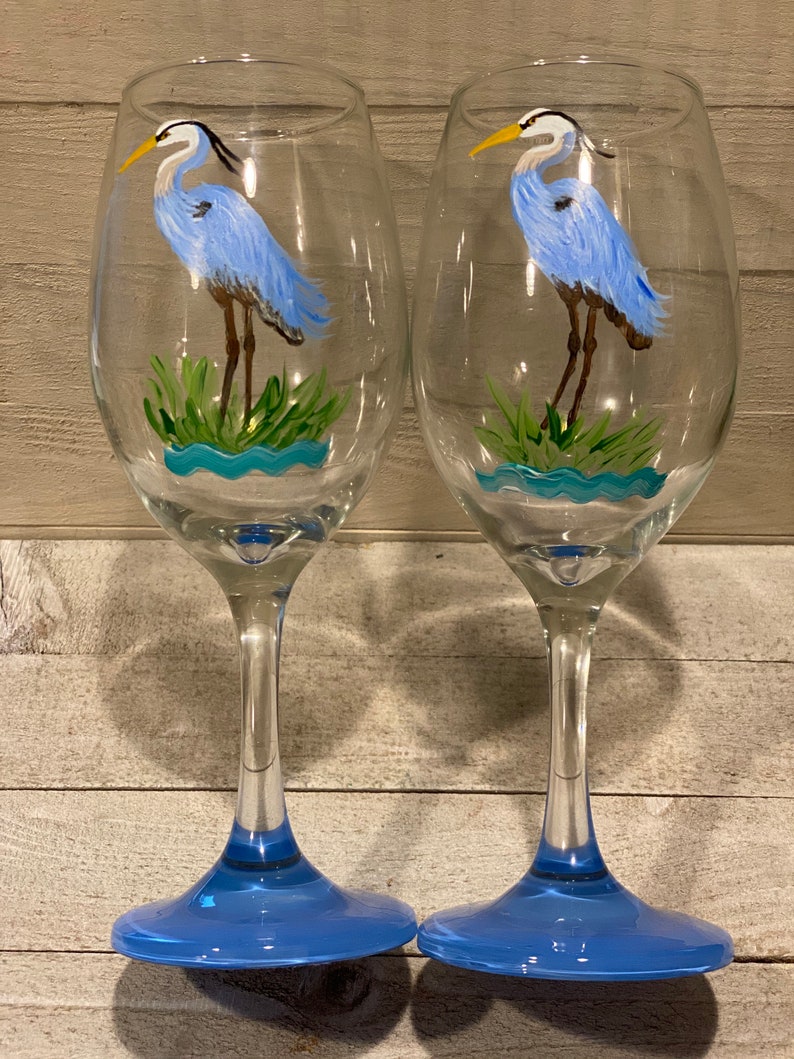 Hand Painted Bird Art With Blue Heron Wine Glass 1 Etsy