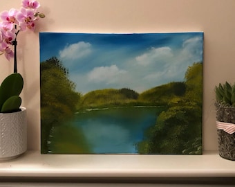 Pintura al óleo original de paisaje sobre lienzo en estilo Bob Ross, arte de pared, decoración del hogar