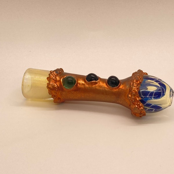 Electroformed Blue Glass Pipe Chillum in Copper Plating Silver Fumed