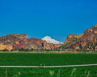 Puede incluir: Un campo verde con una valla metálica en primer plano. En el fondo, hay colinas rocosas y una montaña cubierta de nieve.