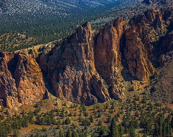 Puede incluir: Una vista aérea de un cañón rocoso con altas formaciones rocosas rojas. El cañón está cubierto de un bosque de pequeños árboles verdes.
