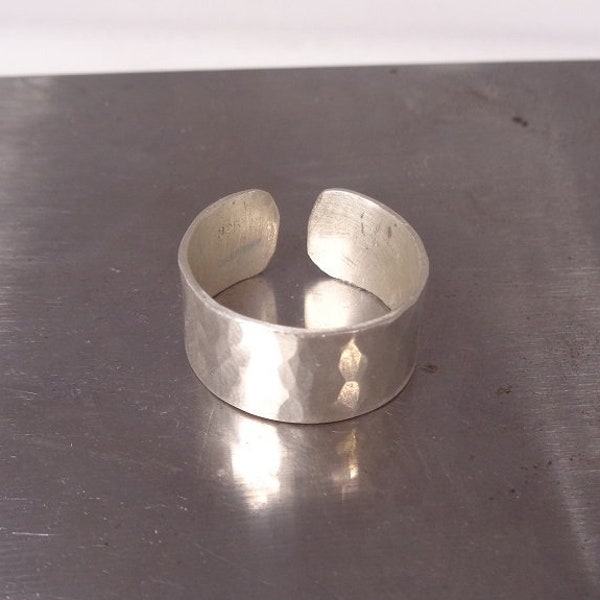 Hammered Open/Adjustable Silver Band Ring, Made to Order, 3/8 Inch Wide