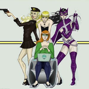 May include: Comic book style illustration of four women. One blonde woman holds a gun, another blonde woman is in a black dress, a redhead is seated with a laptop, and a woman in a purple costume holds a crossbow.