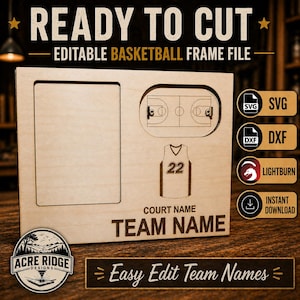 Op de afbeelding: Een houten basketbal frame bestand met de tekst "READY TO CUT" en "EDITABLE BASKETBALL FRAME FILE". Het ontwerp bevat een basketbalveld, een shirt met nummer 22 en ruimte voor "COURT NAME" en "TEAM NAME".
