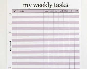 May include: A printable weekly task planner with a checklist, a column for tasks, and columns for each day of the week. The planner has a light purple background and black text.