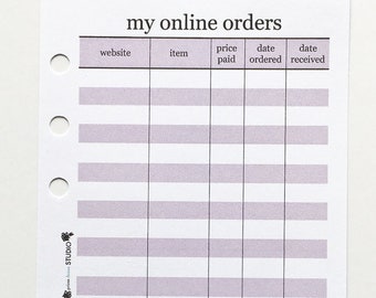Printed Online Purchase Tracker Planner Inserts / Personal Size Planner Inserts / Online Shopping Tracker Inserts