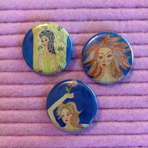 Goddess Illustration Button Pins: Recycled Book Art, Set of 3
