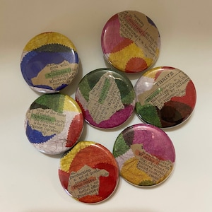 1.25 inch Word Button Pin Set of 7 / Recycled Book Page Button Pin / Words from Dictionary / Abstract Watercolor Background Button Pin