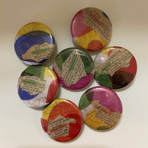 1.25 Inch Word Button Pin Set of 7 / Recycled Book Page Button 