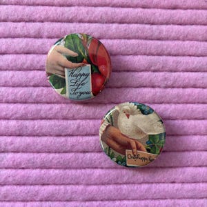 Dove and Hand Illustration Button Pins: Recycled Book Art (Set of 2)