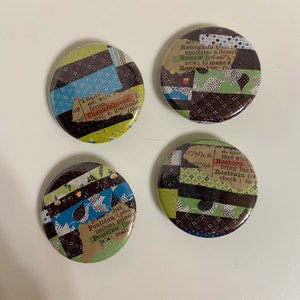 1.25 inch Word Button Pin Set of 4 / Recycled Book Page Button Pin / Words from Dictionary / Abstract Background with Word Button Pin