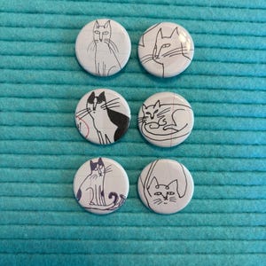 Recycled Book Cat Illustration Button Pins - Set of 6 (1.25 inch)