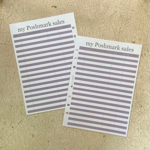 May include: Two blank printable sheets for tracking Poshmark sales. Each sheet has columns for date, item sold, items sold, my cost, and my profit.