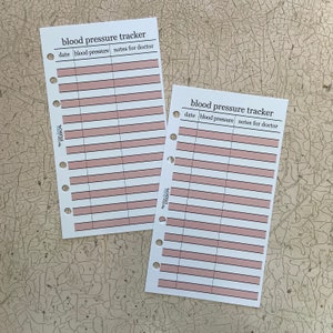 May include: Two printable blood pressure tracker sheets with a pink background and black lines. The sheets have columns for date, blood pressure, and notes for the doctor.