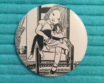2.25 inch Button Pin, Girl with Cat Button Pin, Black White Book Illustration Pin, Flair Pin, Cat Pin, Girl Holding Cat Button Pin