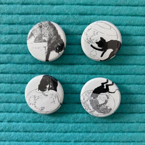 1.25 inch Cats Button Pin Set of 4 / Recycled Book Page Button Pin / White Background with Black Cats Button Pins / Set of 4 Button Pins