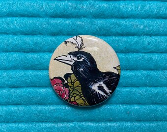 1.25 inch Black Crow Black Raven Bird Button Pin / Bird Illustration Button Pin  / Bird Pin