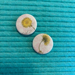 Dandelion Illustration Button Pins: Boho Chic Recycled Book Art, Set of 2