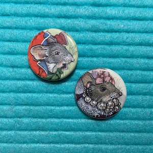 1.25 inch Mice Button Pin Set of 2 / Recycled Book Page Button Pins / Mice Illustration Pins / Boy and Girl Mouse Illustrations