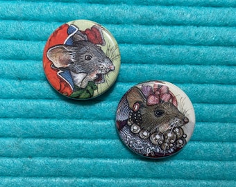 Mice Illustration Button Pins: Recycled Book Art (Set of 2)