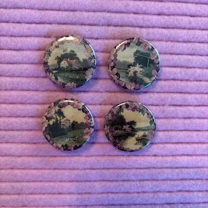 Victorian Purple Flowers Button Pins: Recycled Book Art, Set of 4