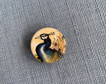 Peacock Button Pin / 1.25 inch Button Pin / Recycled Book Illustration Button Pin