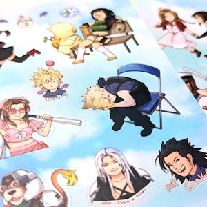 May include: A set of colorful stickers featuring characters from the Final Fantasy VII video game. The stickers include Cloud, Tifa, Aerith, Sephiroth, and other characters. The stickers are printed on clear vinyl and are perfect for decorating laptops, water bottles, and other surfaces.