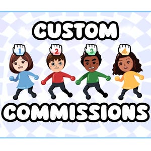 Może przedstawiać: Ilustracja czterech postaci z kreskówek z numerami 1, 2, 3 i 4 nad głowami. Tekst "CUSTOM COMMISSIONS" znajduje się pod postaciami. Tło to wzór w jasnoniebieskie i białe kratki.