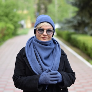 Denim Knit Set for Women: Beanie and Triangle Headscarf and Gloves , Merino Ribbed Hat, Wool Neckerchief, knitted Kerchief